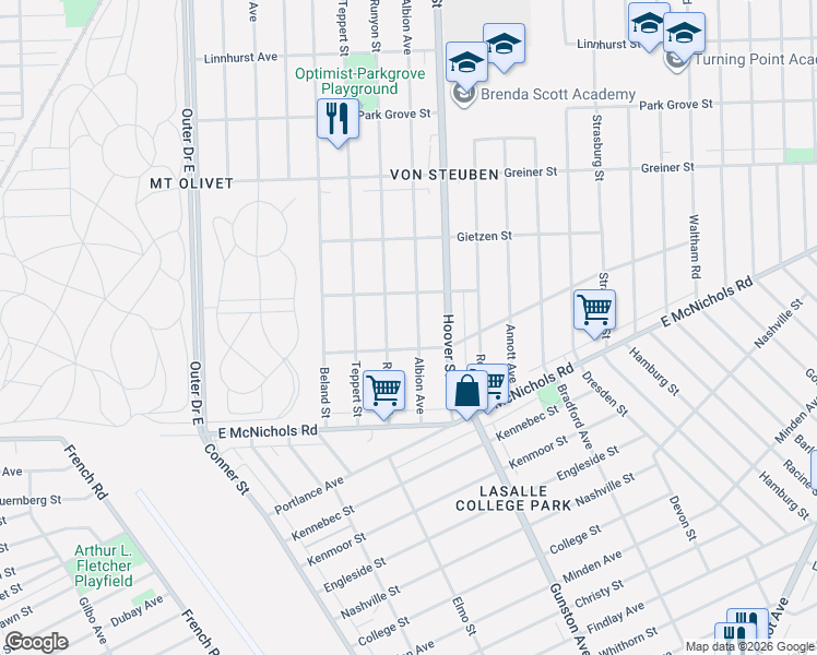 map of restaurants, bars, coffee shops, grocery stores, and more near 17353 Albion Avenue in Detroit
