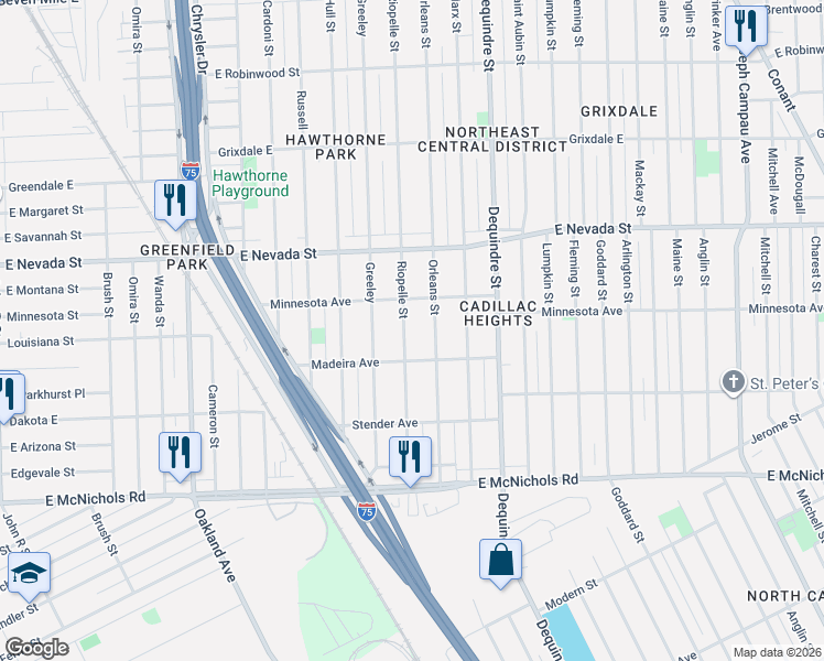 map of restaurants, bars, coffee shops, grocery stores, and more near 17581 Riopelle Street in Highland Park