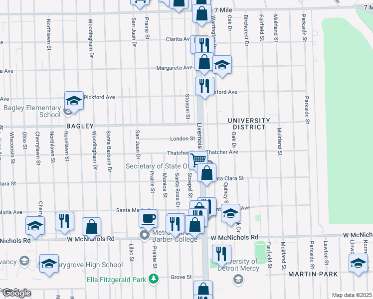 map of restaurants, bars, coffee shops, grocery stores, and more near 6998 Thatcher Street in Detroit