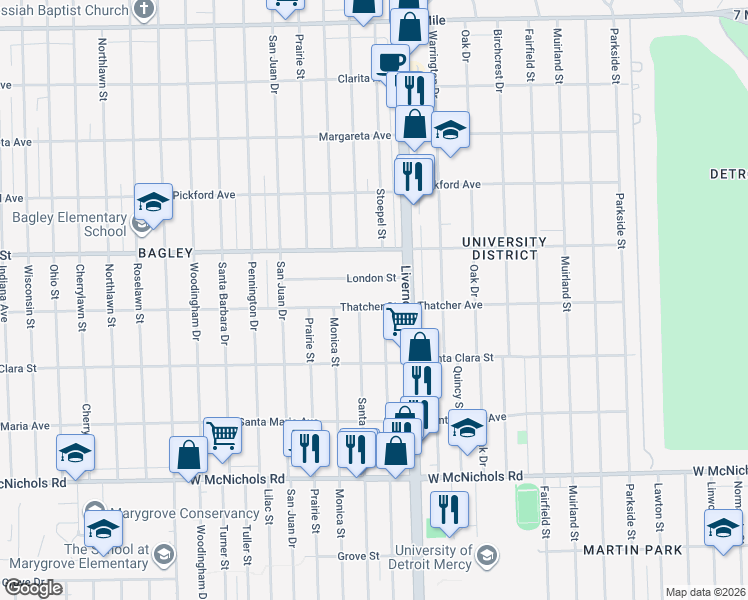 map of restaurants, bars, coffee shops, grocery stores, and more near 6998 Thatcher Street in Detroit