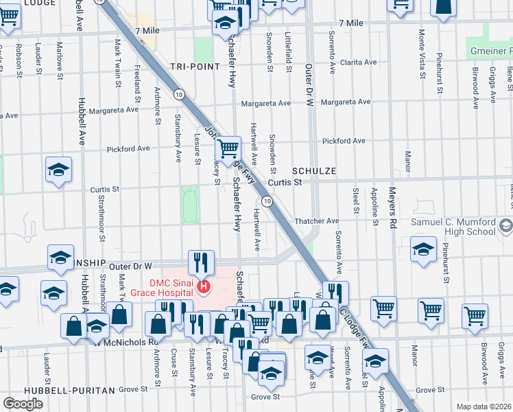 map of restaurants, bars, coffee shops, grocery stores, and more near 18065 Hartwell Street in Detroit