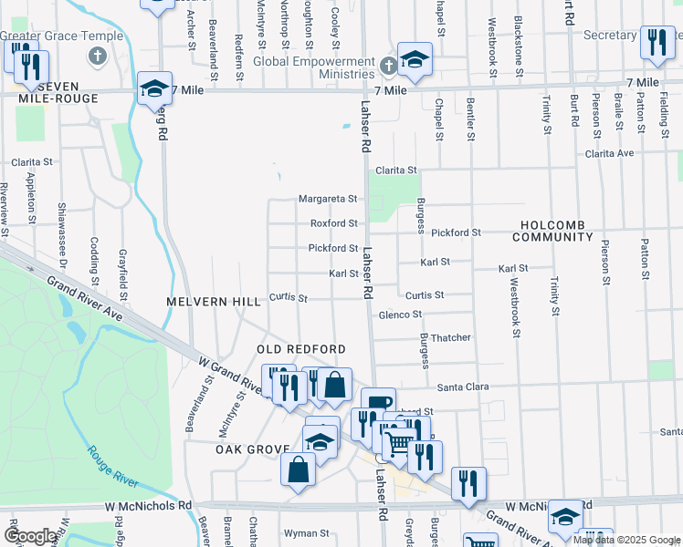 map of restaurants, bars, coffee shops, grocery stores, and more near 22034 Karl Street in Detroit