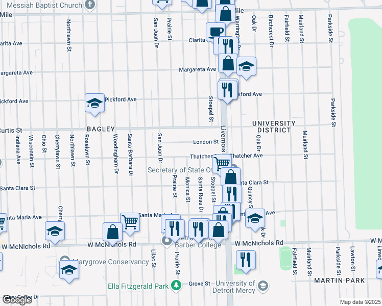 map of restaurants, bars, coffee shops, grocery stores, and more near 7140 Thatcher Street in Detroit