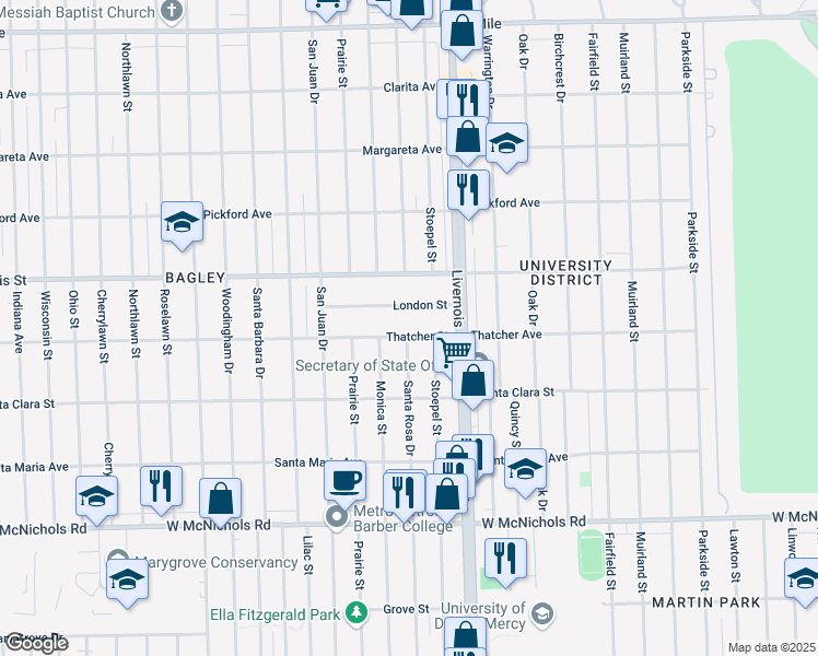 map of restaurants, bars, coffee shops, grocery stores, and more near 7048 Thatcher Street in Detroit