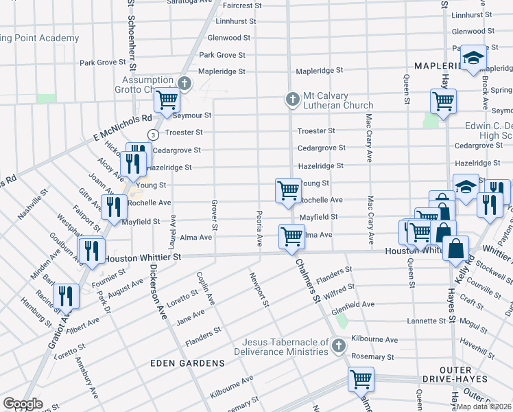 map of restaurants, bars, coffee shops, grocery stores, and more near 14190 Rochelle Avenue in Detroit
