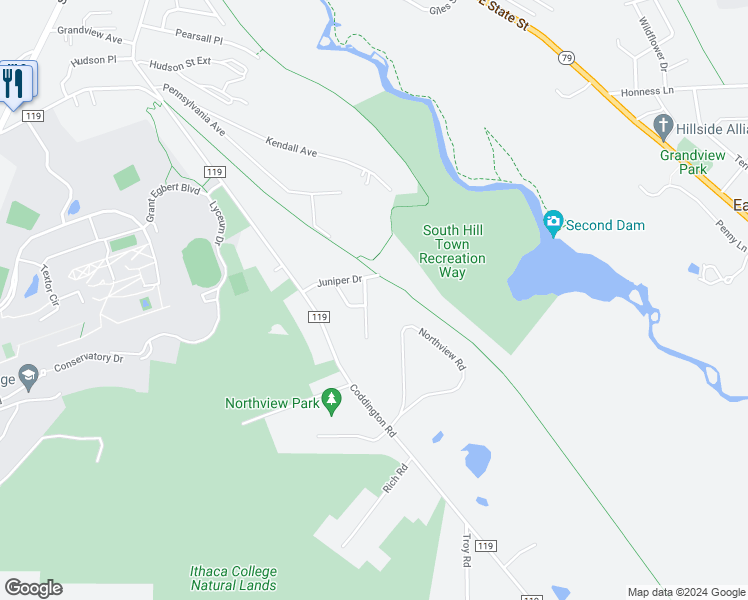 map of restaurants, bars, coffee shops, grocery stores, and more near 104 Pineview Terrace in Ithaca