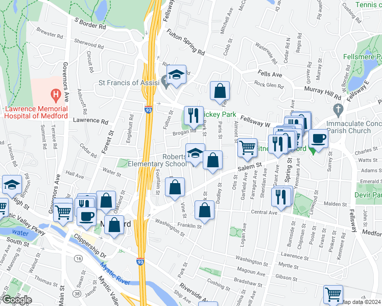 map of restaurants, bars, coffee shops, grocery stores, and more near 59 Court Street in Medford
