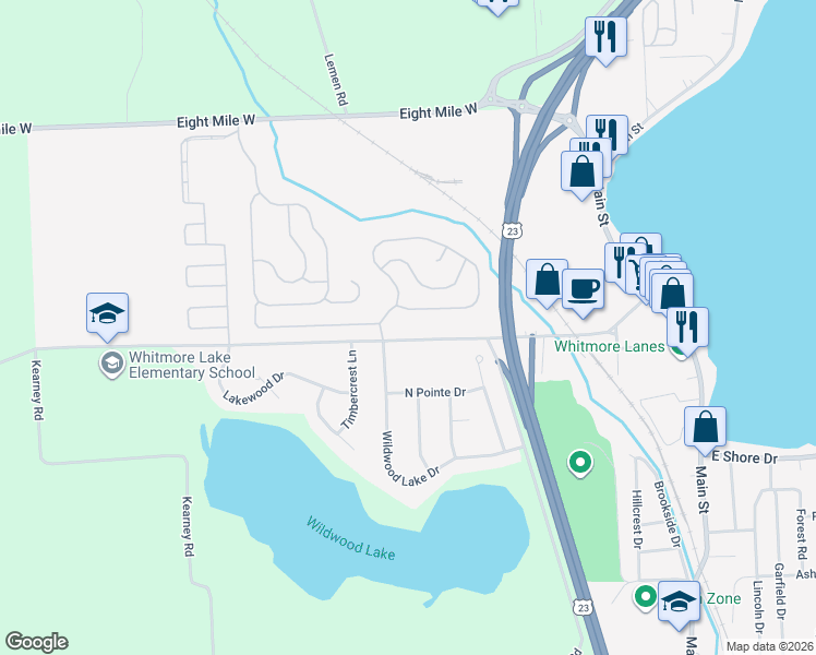 map of restaurants, bars, coffee shops, grocery stores, and more near 420 Barker Road in Whitmore Lake
