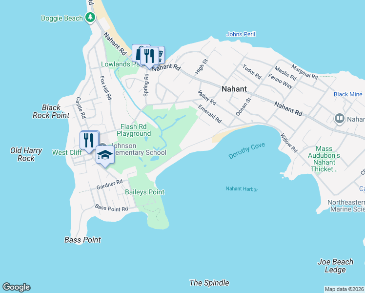 map of restaurants, bars, coffee shops, grocery stores, and more near 42 Willow Road in Nahant