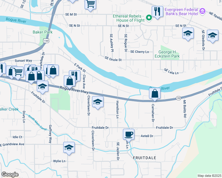 map of restaurants, bars, coffee shops, grocery stores, and more near 1329 East Park Street in Grants Pass
