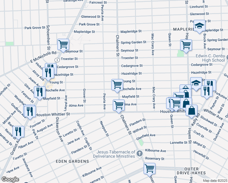 map of restaurants, bars, coffee shops, grocery stores, and more near 14266 Rochelle Avenue in Detroit