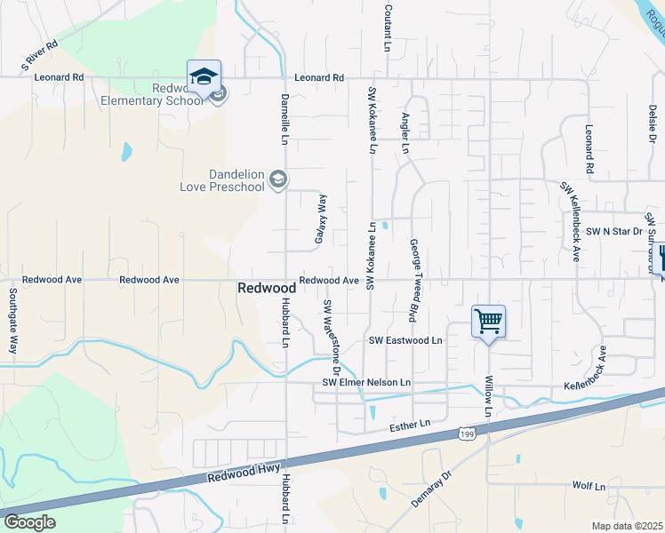 map of restaurants, bars, coffee shops, grocery stores, and more near 2890 Redwood Avenue in Grants Pass