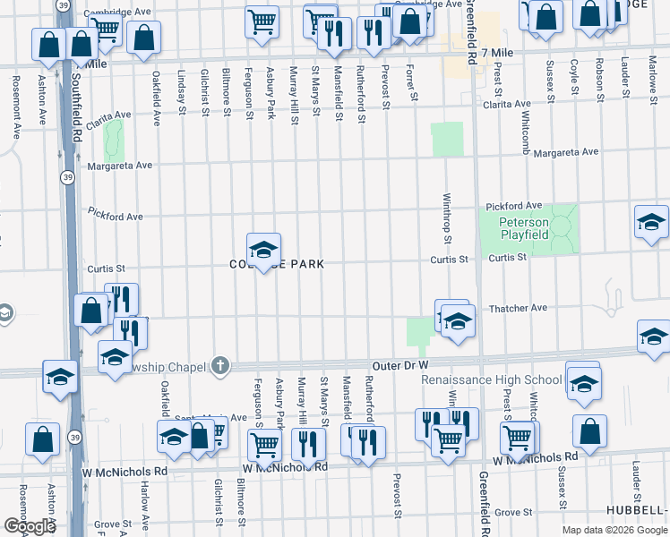 map of restaurants, bars, coffee shops, grocery stores, and more near 16117 Curtis Street in Detroit