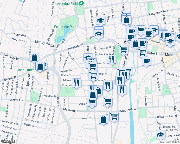map of restaurants, bars, coffee shops, grocery stores, and more near 284 Highland Avenue in Malden