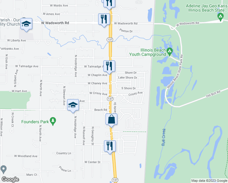 map of restaurants, bars, coffee shops, grocery stores, and more near 38619 North Sheridan Road in Beach Park