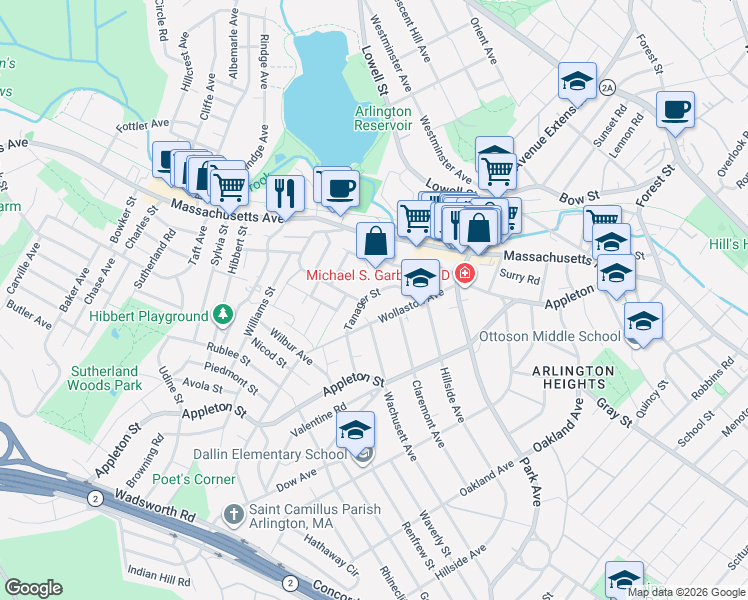 map of restaurants, bars, coffee shops, grocery stores, and more near 38 Tanager Street in Arlington