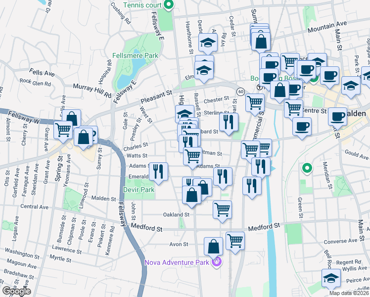 map of restaurants, bars, coffee shops, grocery stores, and more near 284 Highland Avenue in Malden