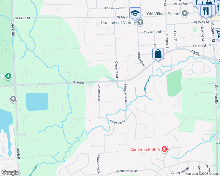 map of restaurants, bars, coffee shops, grocery stores, and more near 46105 West Seven Mile Road in Northville