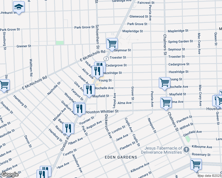 map of restaurants, bars, coffee shops, grocery stores, and more near 13338 Rochelle Avenue in Detroit