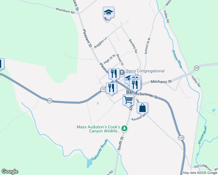 map of restaurants, bars, coffee shops, grocery stores, and more near 29 West Street in Barre