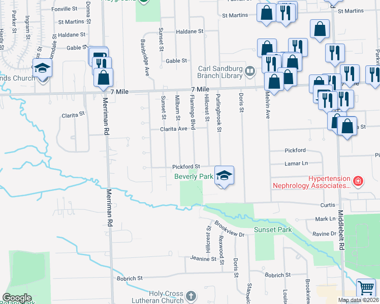 map of restaurants, bars, coffee shops, grocery stores, and more near 18618 Flamingo Boulevard in Livonia