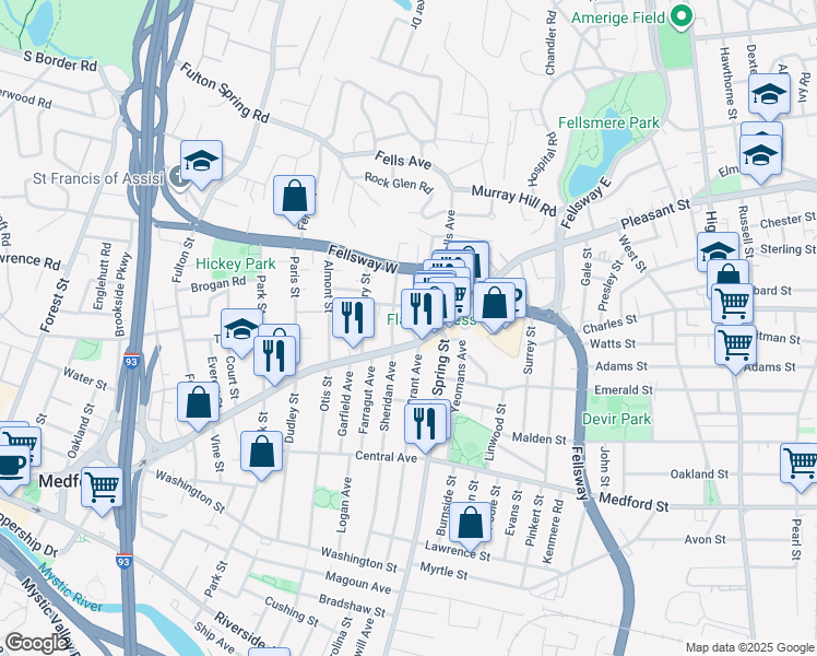 map of restaurants, bars, coffee shops, grocery stores, and more near 160 Grant Avenue in Medford