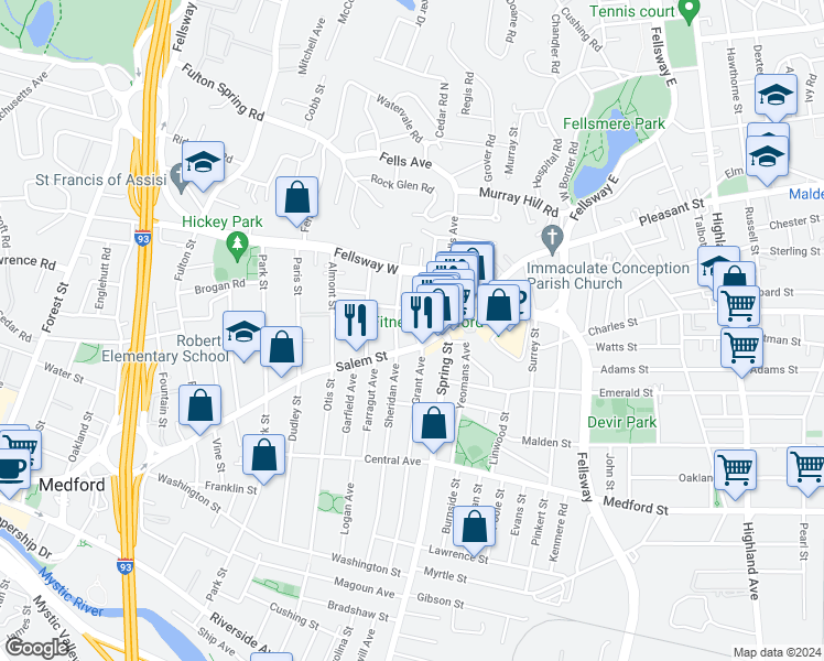 map of restaurants, bars, coffee shops, grocery stores, and more near 160 Grant Avenue in Medford