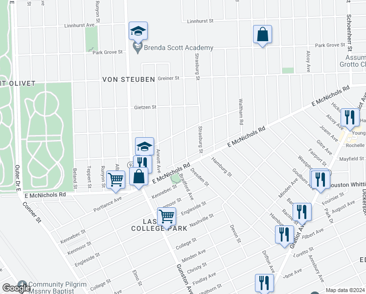 map of restaurants, bars, coffee shops, grocery stores, and more near 17179 Dresden Street in Detroit