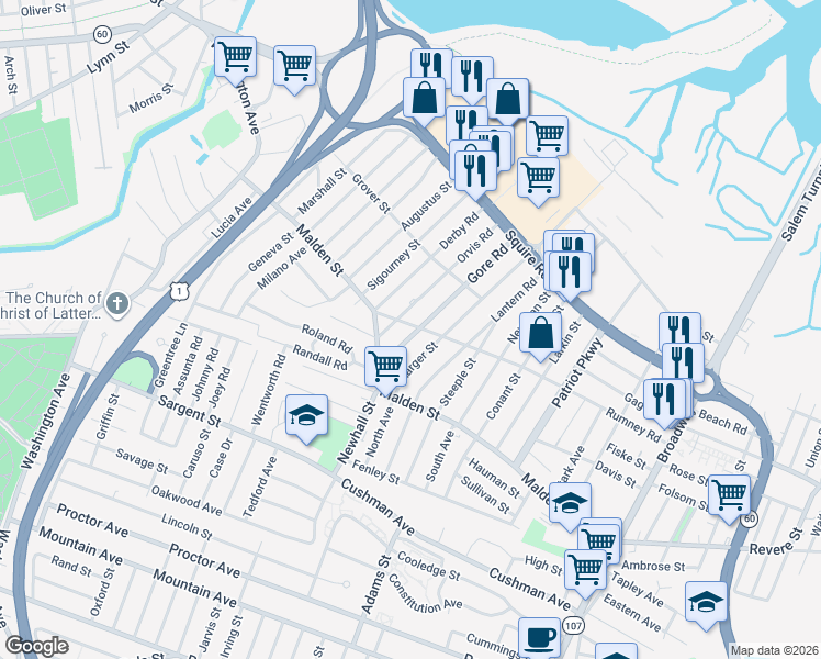 map of restaurants, bars, coffee shops, grocery stores, and more near 292 Rumney Road in Revere