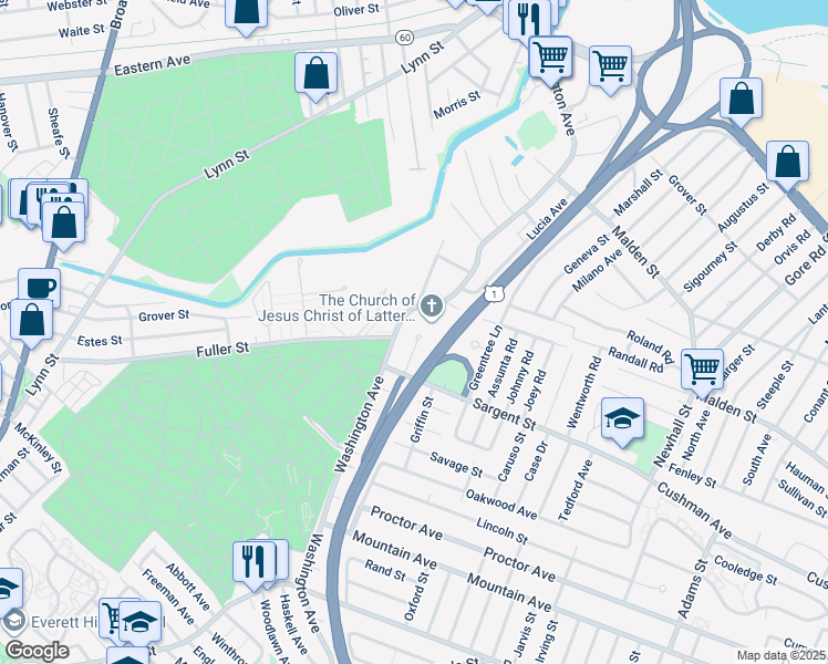 map of restaurants, bars, coffee shops, grocery stores, and more near 12 Jefferson Drive in Revere