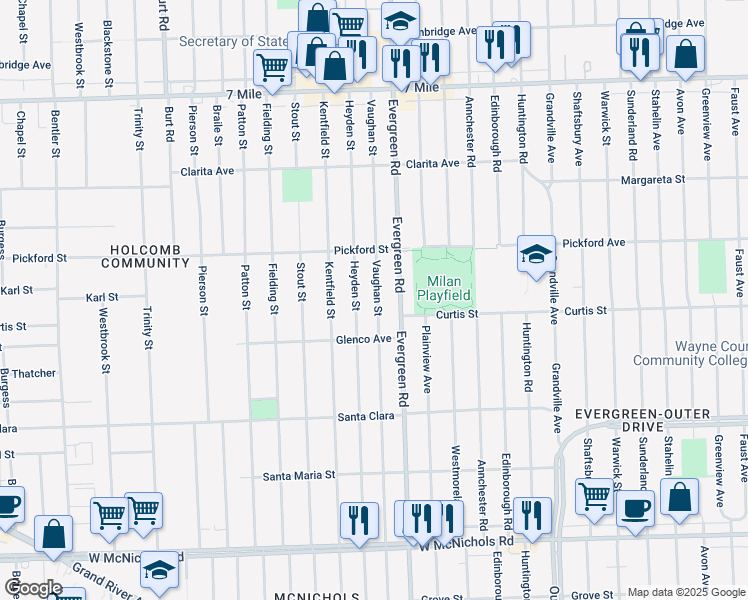 map of restaurants, bars, coffee shops, grocery stores, and more near 18185 Vaughan Street in Detroit