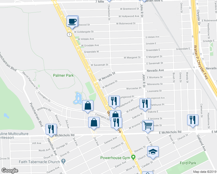 map of restaurants, bars, coffee shops, grocery stores, and more near 291 West Montana Street in Detroit