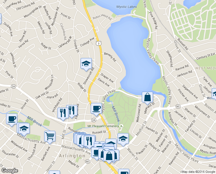 map of restaurants, bars, coffee shops, grocery stores, and more near 39 Davis Avenue in Arlington