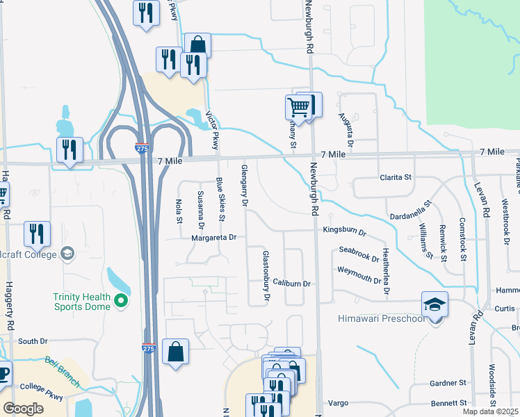 map of restaurants, bars, coffee shops, grocery stores, and more near 37714 Kingsburn Drive in Livonia