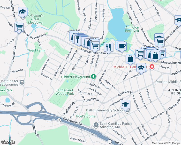 map of restaurants, bars, coffee shops, grocery stores, and more near 95 Sylvia Street in Arlington