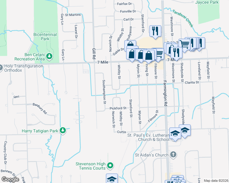map of restaurants, bars, coffee shops, grocery stores, and more near 18751 Norwich Road in Livonia