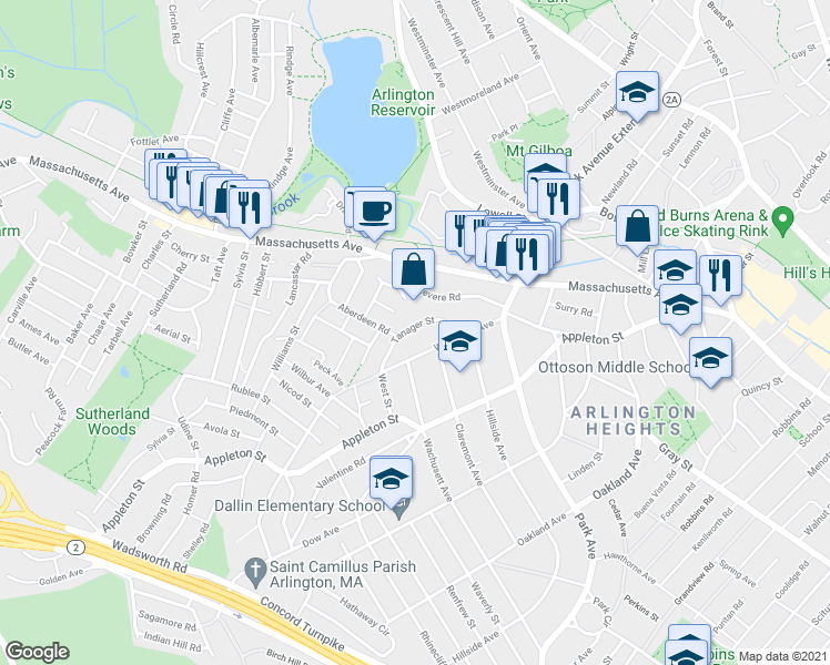 map of restaurants, bars, coffee shops, grocery stores, and more near 36 Tanager Street in Arlington