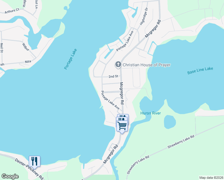 map of restaurants, bars, coffee shops, grocery stores, and more near 8570 Portage Lake Boulevard in Pinckney