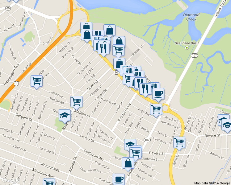 map of restaurants, bars, coffee shops, grocery stores, and more near 121 Newman Street in Revere