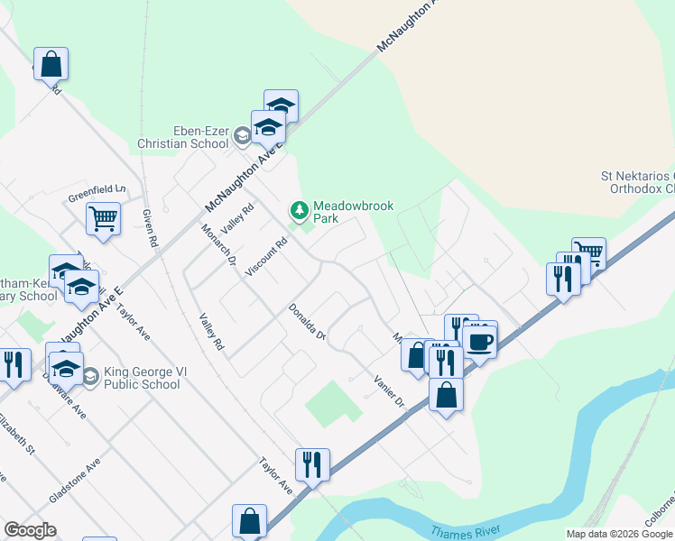 map of restaurants, bars, coffee shops, grocery stores, and more near 182 Michener Road in Chatham