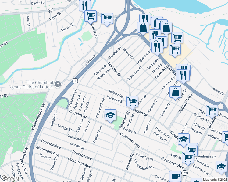 map of restaurants, bars, coffee shops, grocery stores, and more near 42 Ann Road in Revere