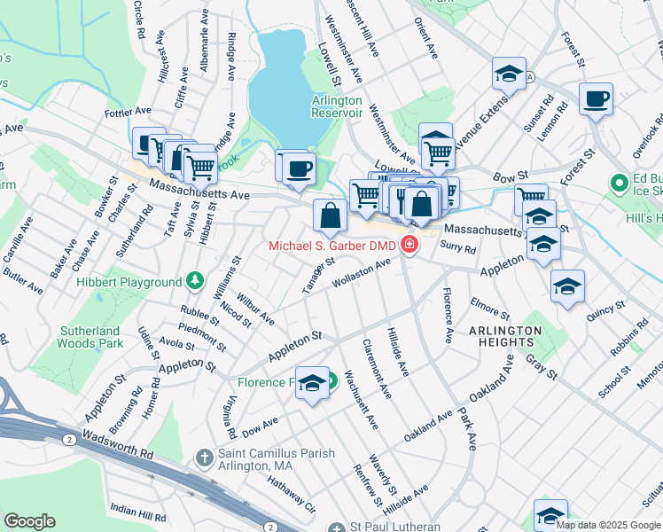 map of restaurants, bars, coffee shops, grocery stores, and more near 36 Tanager Street in Arlington