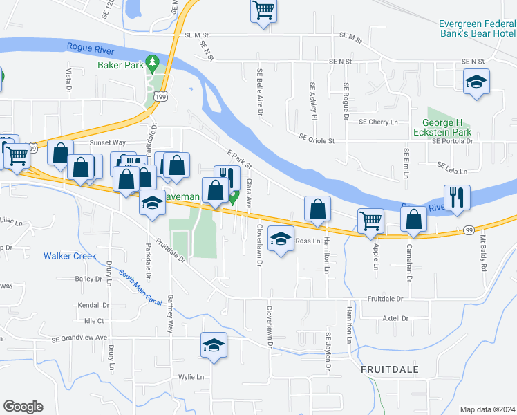 map of restaurants, bars, coffee shops, grocery stores, and more near 1300 Rogue River Highway in Grants Pass