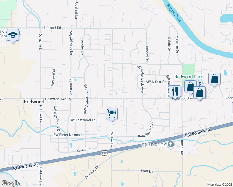 map of restaurants, bars, coffee shops, grocery stores, and more near 1430 Willow Lane in Grants Pass