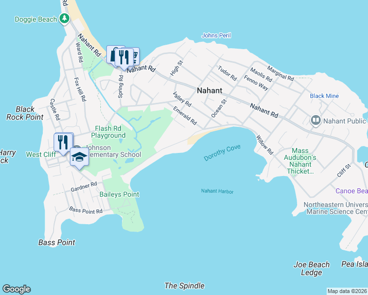 map of restaurants, bars, coffee shops, grocery stores, and more near 55 Willow Road in Nahant