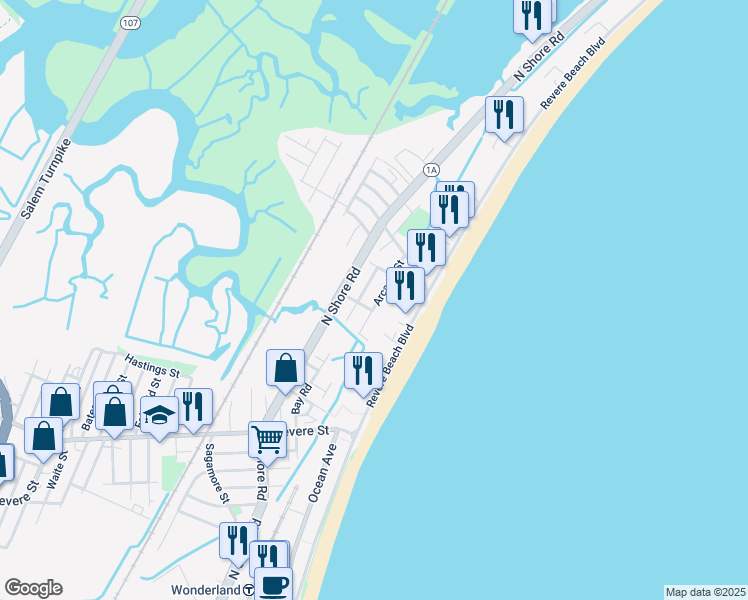 map of restaurants, bars, coffee shops, grocery stores, and more near 48 Arcadia Street in Revere