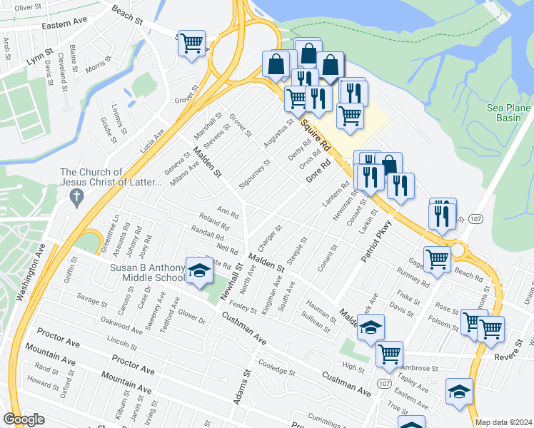 map of restaurants, bars, coffee shops, grocery stores, and more near 303 Rumney Road in Revere