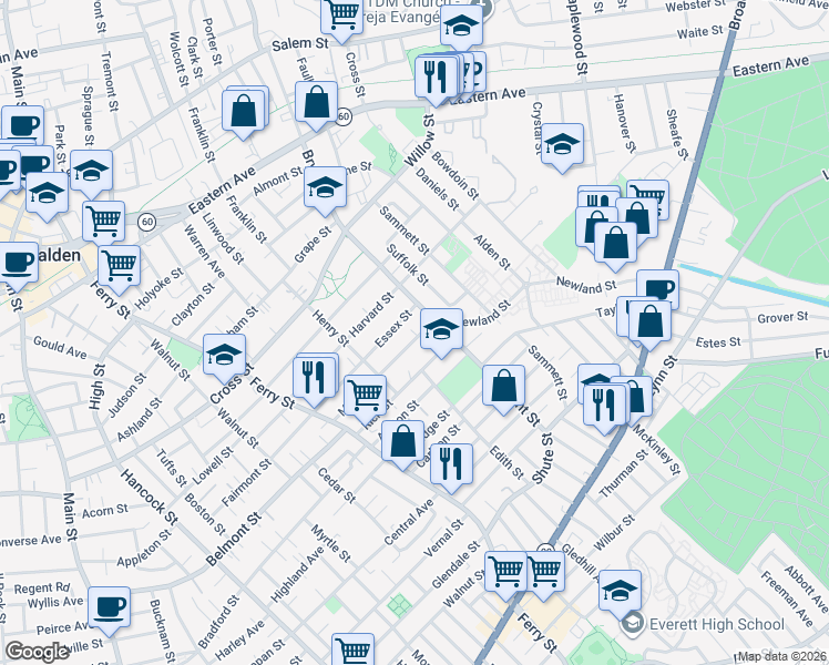 map of restaurants, bars, coffee shops, grocery stores, and more near 174 Mills Street in Malden