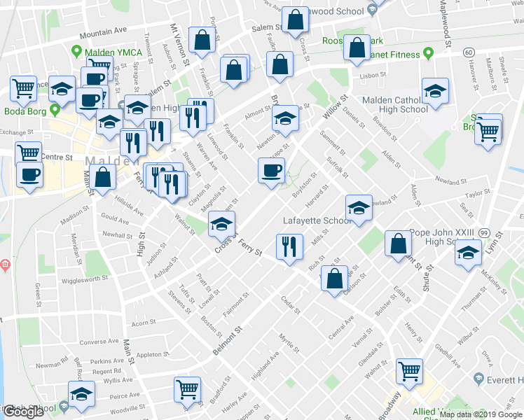 map of restaurants, bars, coffee shops, grocery stores, and more near 259 Cross Street in Malden