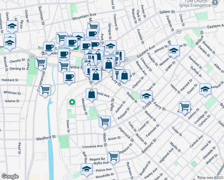 map of restaurants, bars, coffee shops, grocery stores, and more near 56 Hillside Avenue in Malden